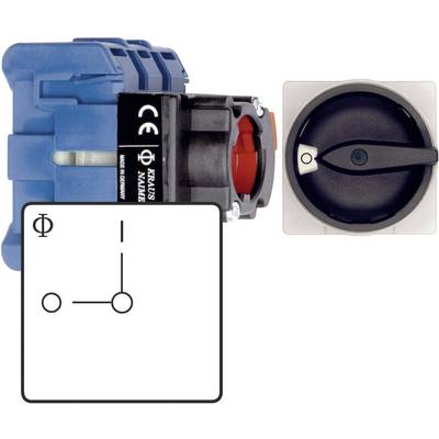 Kék és fekete forgókapcsoló elektromos áramkör diagrammal. A kapcsoló két pozíciót mutat: Be/Ki.