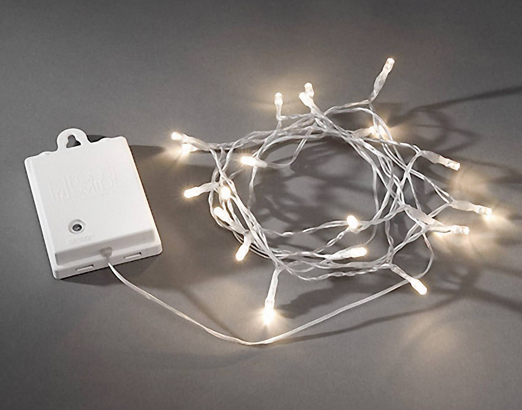 Kültéri fényfüzér melegfehér fényű világítással fehér vezetékkel 240cm hosszú 20LED-es karácsonyi világítás Konstsmide