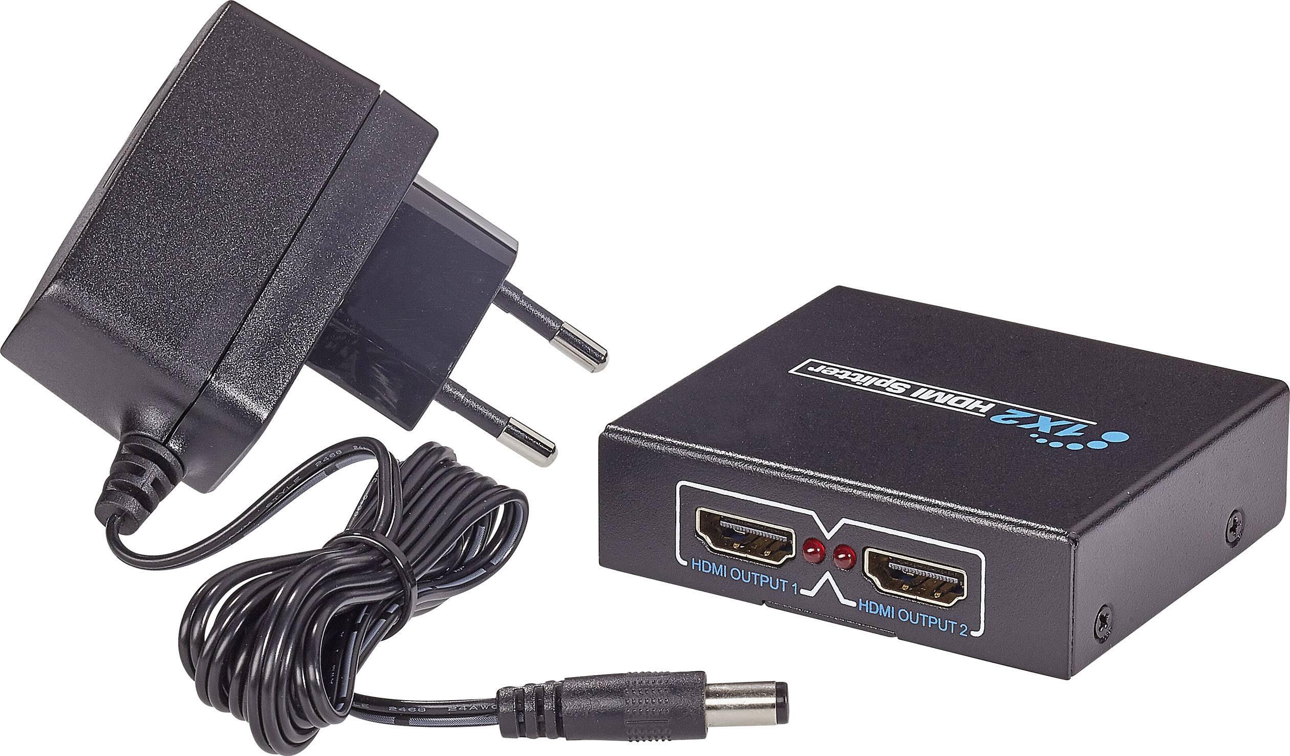 Tápegység kábellel és egy kétkimenetes HDMI-elosztó. Az elosztó rendelkezik egy piros állapotjelző fénnyel és HDMI-jelek megosztására szolgál.
