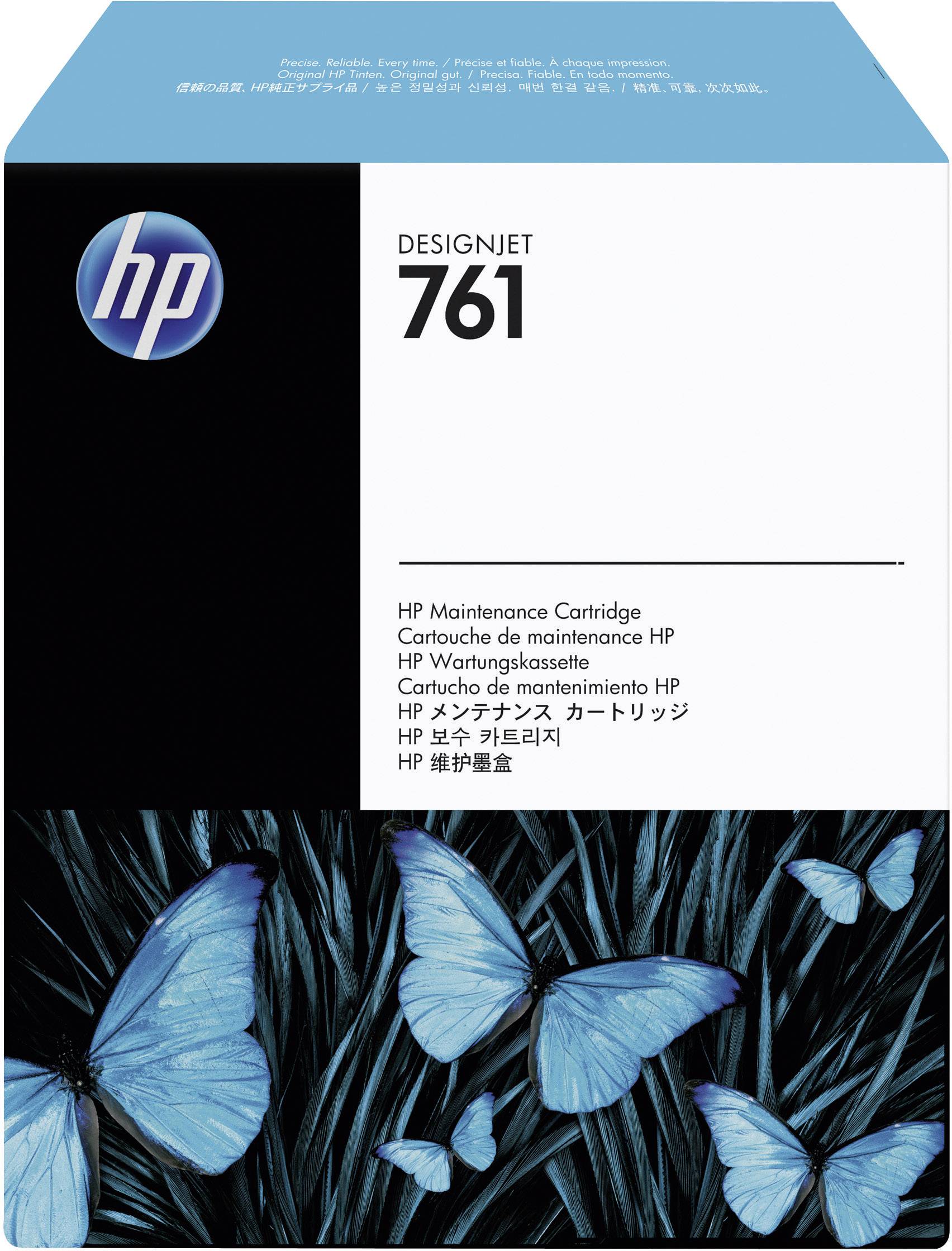 HP DesignJet 761 karbantartó kazetta csomagolása pillangós motívummal a fűben. Több nyelven tartalmaz termékinformációkat.