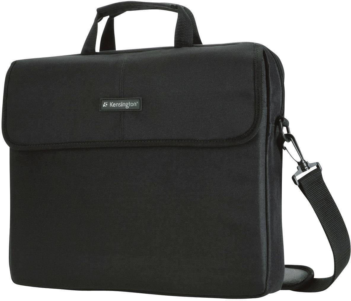 Fekete laptoptáska fogantyúval és vállpánttal, alkalmas laptop szállítására.
