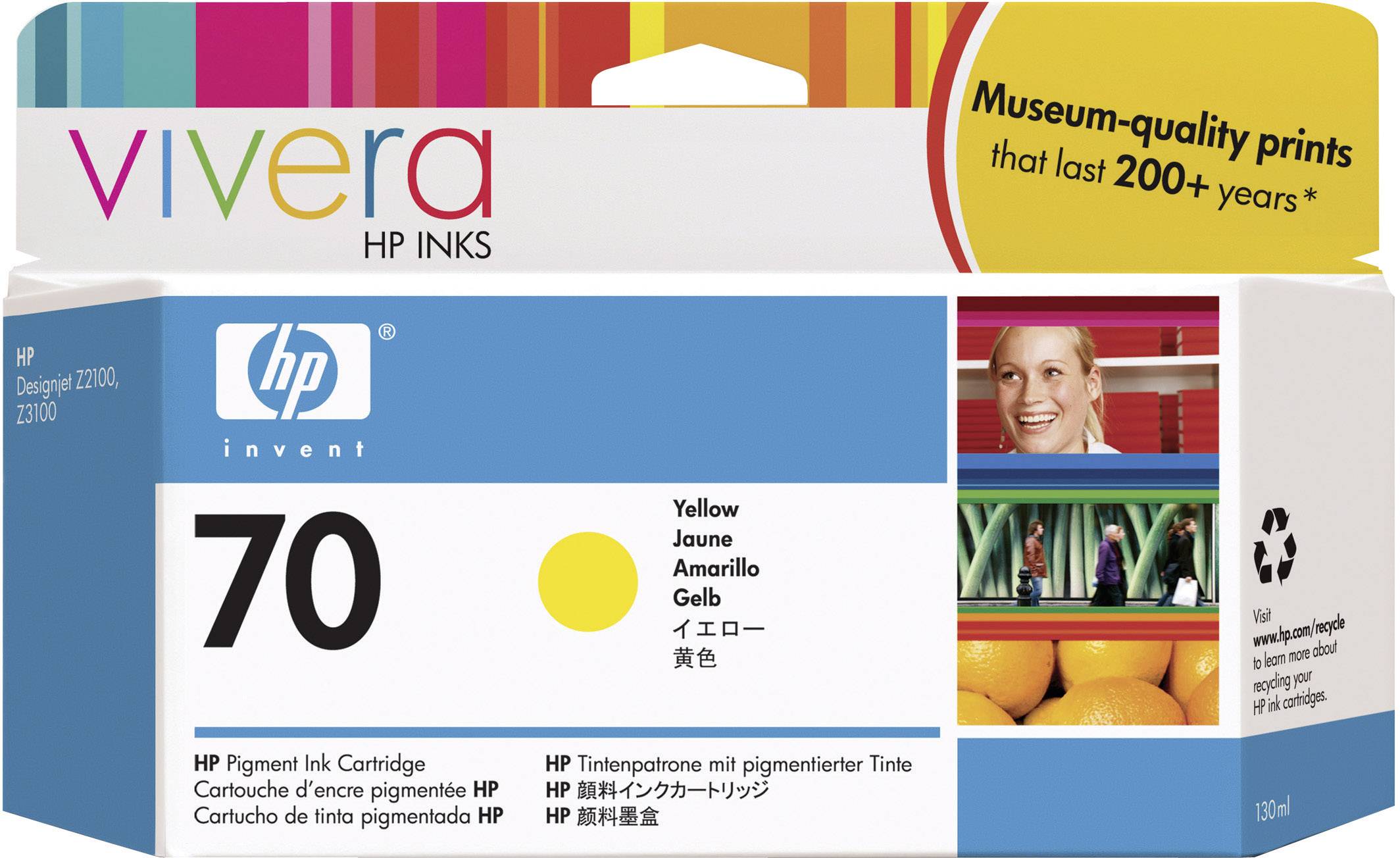 HP 70 tintapatron sárga színben, Vivera-sorozat. Múzeumi minőségű nyomatokat ígér, amelyek több mint 200 évig megőrzik minőségüket.