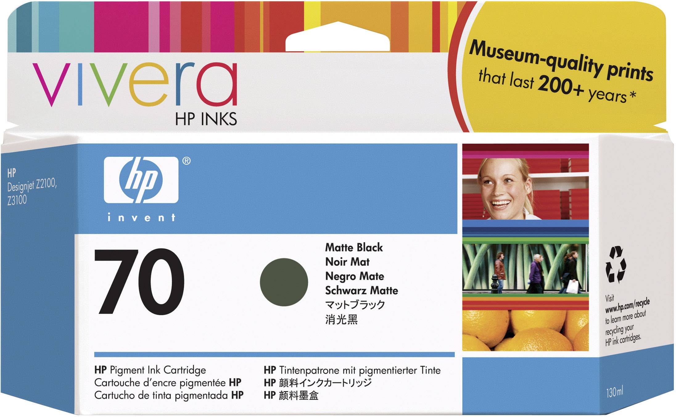 'HP 70 tintapatron, matt fekete HP Designjet 2100/2200/2300 nyomtatókhoz. Élénk, tartós nyomatok. Múzeumi minőség 200 éven át.'