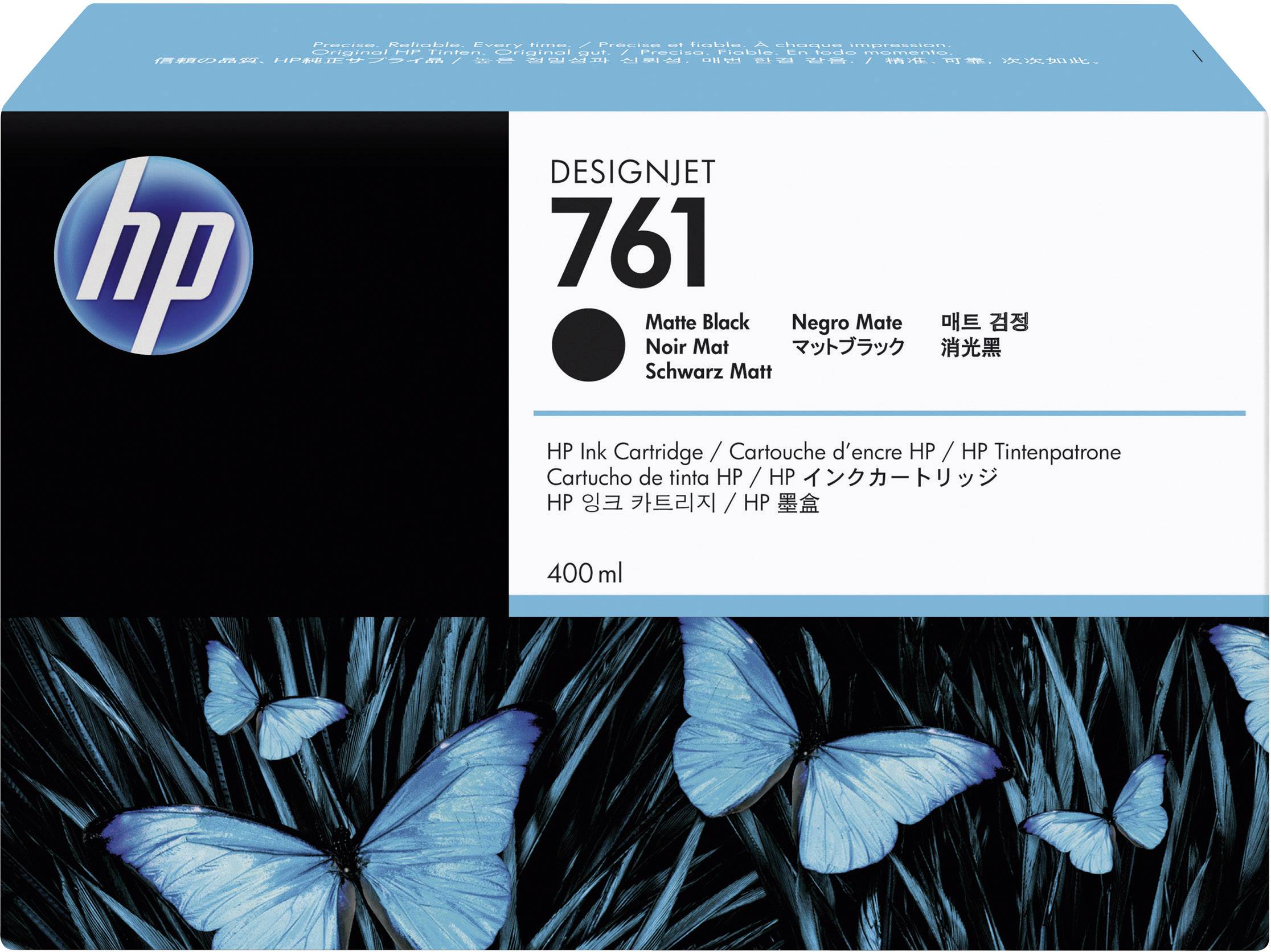 'HP DesignJet 761' tintapatron, matt fekete, 400 ml, pillangós dizájnnal a csomagoláson.
