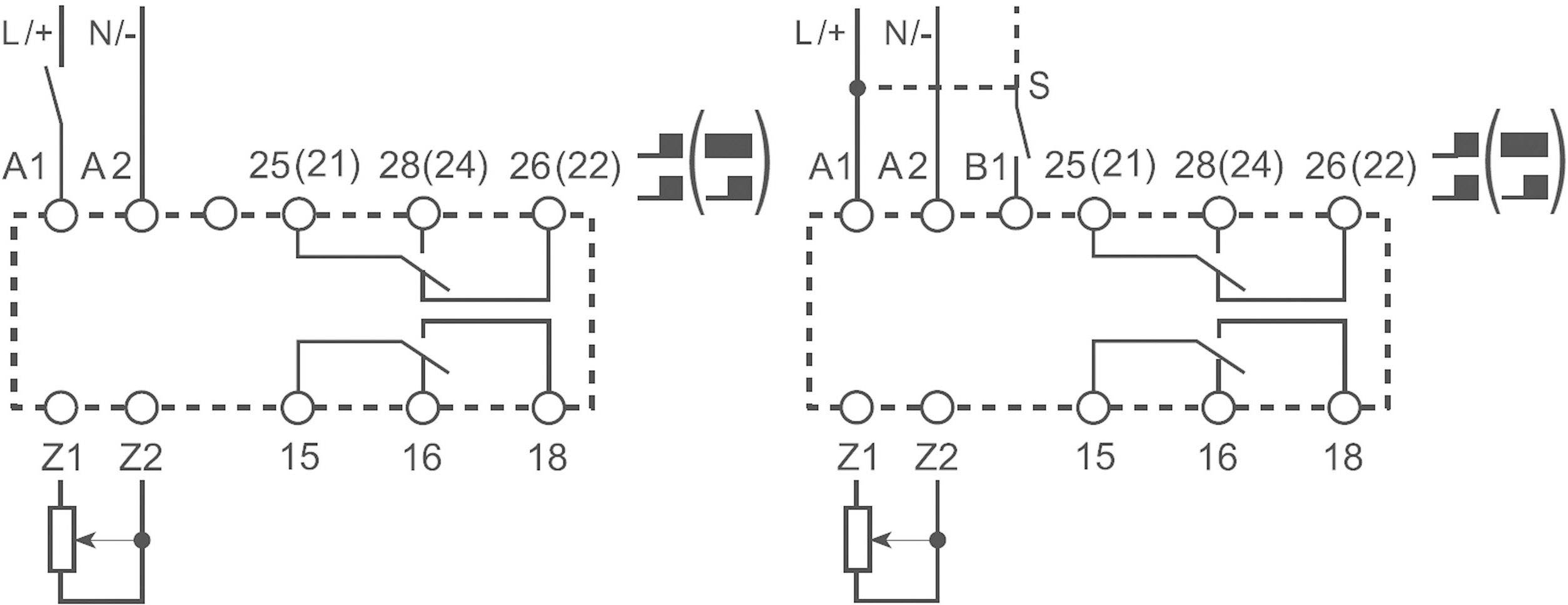 Kapcsolási rajz két párhuzamos áramkörrel, A1, A2, B1, Z1, Z2 jelölésű kapcsolók és relék; csatlakozások és elektromos szimbólumok.