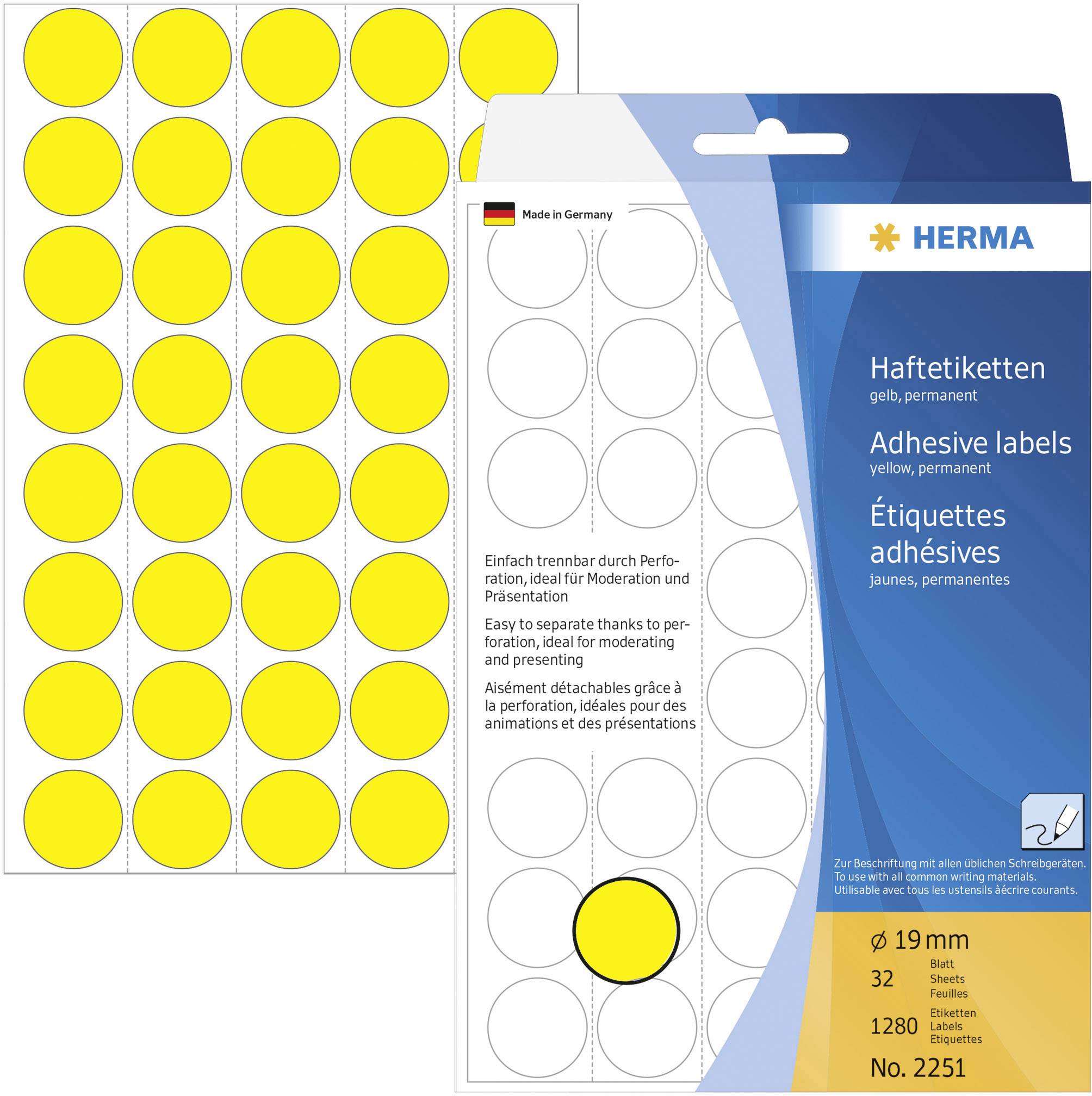 Herma 2251 Etichetta di identificazione a forma di bollino Ø 19 mm Giallo 1280 pz. A tenuta permanente Carta