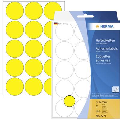 Herma sárga, tartós öntapadós címkék csomagolása. Tartalmaz 480 db címkét, 32 mm átmérővel, Németországban gyártva.