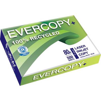 '100% újrahasznosított Evercopy+ papír csomag, 80g, 500 lap, alkalmas lézer- és tintasugaras nyomtatókhoz.'