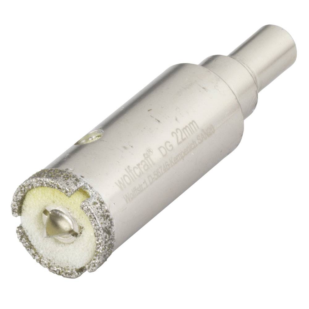Egy 22 mm-es, gyémántbevonatos lyukfűrészfúró, amelyen a 'Wolfcraft DG' felirat szerepel, alkalmas csempe- és üvegfúráshoz.