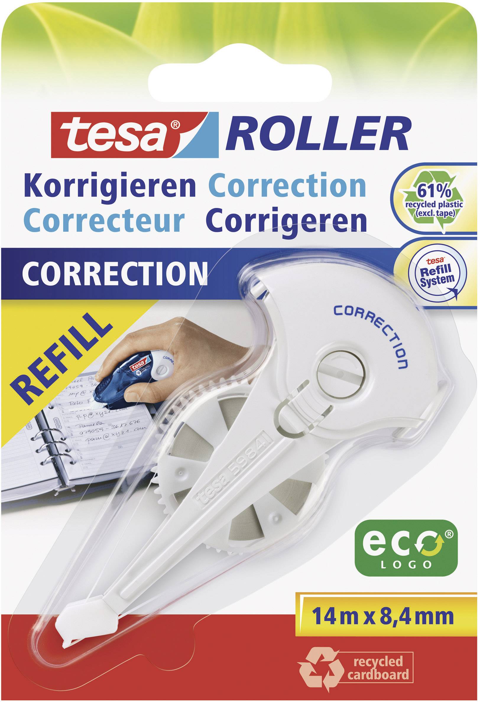 Utántölthető tesa hibajavító roller, 14m x 8,4mm, a csomagoláson ábrázolva; a 'Correction' és az 'eco Logo' kiemelve.