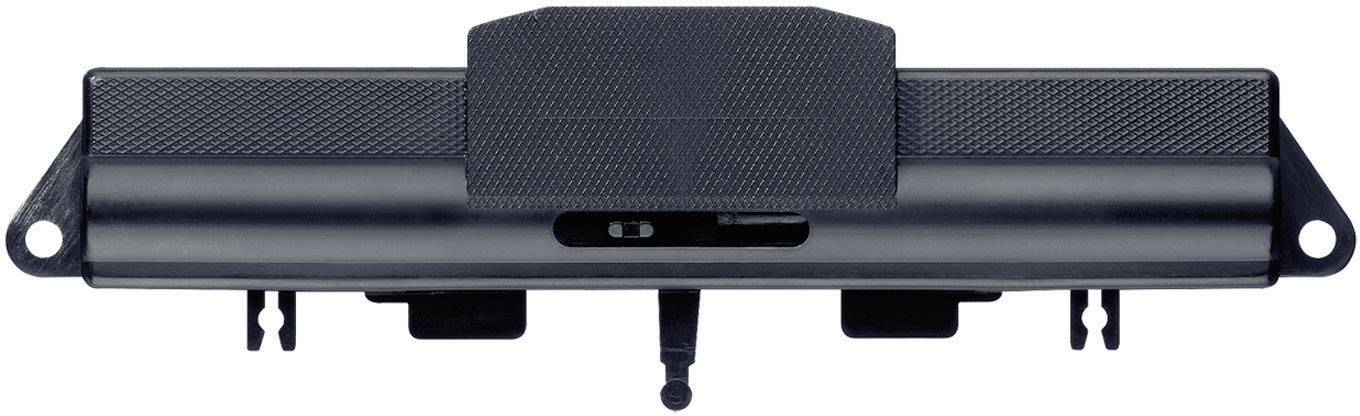 Fekete lítium-ion laptop akkumulátor két rögzítőnyílással és egy csúsztatható kapcsolóval a tetején, elölnézeti kép.