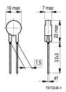 Egy elektronikai alkatrész ábrázolása méretekkel: 16 mm átmérő, 7 mm szélesség, teljes magasság 32,3 mm. Lábak az alsó oldalon.