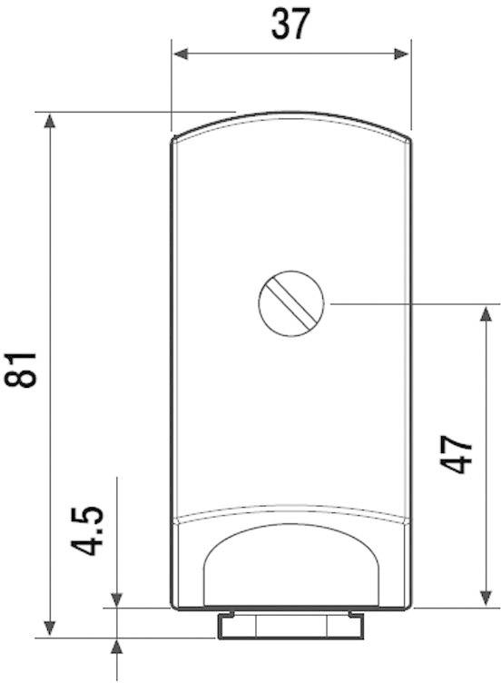 Műszaki rajz egy téglalap alakú házról a következő méretekkel: magasság 81 mm, szélesség 37 mm, kerek mélyedéssel a felső területen.