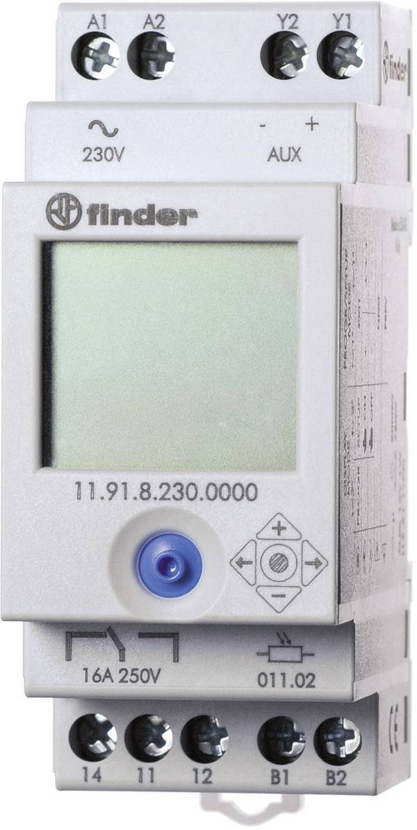 Finder DIN sínes alkonykapcsoló, LCD-s, 230V/AC, 2-150 lux, 1 áramkör, 11.91.8.230.0000