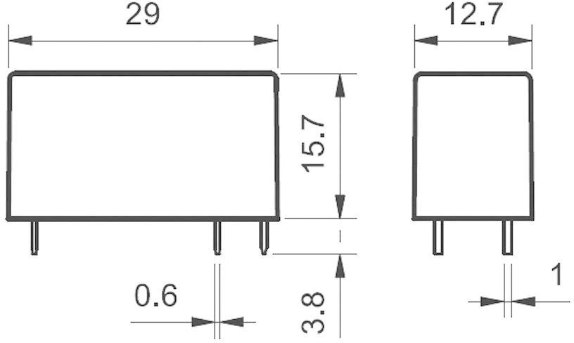 Az ábra egy téglalap alakú elektronikai alkatrész műszaki rajzát mutatja, amelynek méretei: 29x15,7x3,8 mm, lábkiosztása pedig 0,6 mm-es.