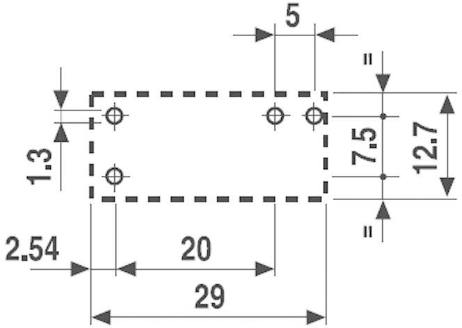 Műszaki rajz egy 29x12,7 mm-es téglalap alakú lemezről. A méretezés és a furat pozíciók be vannak jelölve.