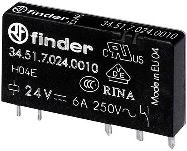 Keskeny dugasz-/nyák relé 5 V/DC 1 váltó, 6 A 24 V/DC/250 V/AC 1500 VA, Finder 34.51.7.005.0010