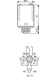 Egy elektromos komponens kapcsolási rajza, amely 36,4 mm szélességet és 51 mm magasságot mutat. A csatlakozók kiosztása feltüntetve.