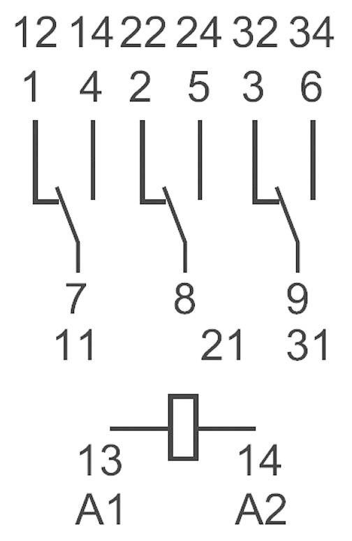 Kapcsolási rajz számokkal és csatlakozásokkal: 12, 14, 22, 24, 32, 34; 1, 2, 5, 6; 7, 8, 9, 11, 21, 31; alul csatlakozás 13 (A1), 14 (A2).