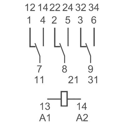 Kapcsolási rajz számokkal és csatlakozásokkal: 12, 14, 22, 24, 32, 34; 1, 2, 5, 6; 7, 8, 9, 11, 21, 31; alul csatlakozás 13 (A1), 14 (A2).