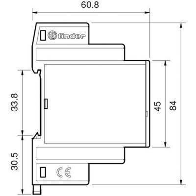 Egy technikai eszköz rajza méretekkel: szélesség 60,8 mm, magasság 84 mm. Oldalsó méretek 33,8 mm és 30,5 mm.