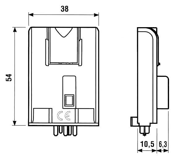 Diagram egy elektromos komponensről méretekkel: szélesség 38 mm, magasság 54 mm, mélység 10,5 mm és 6,3 mm. Oldal- és elölnézet ábrázolva.