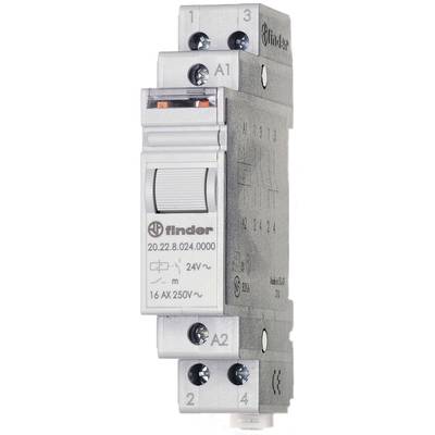 'Finder relé, 24V, 16A, 250V~' egy szürke elektromechanikai modul csatlakozó kapcsokkal, amely alkalmas elektromos áramkörök és vezérlések számára.