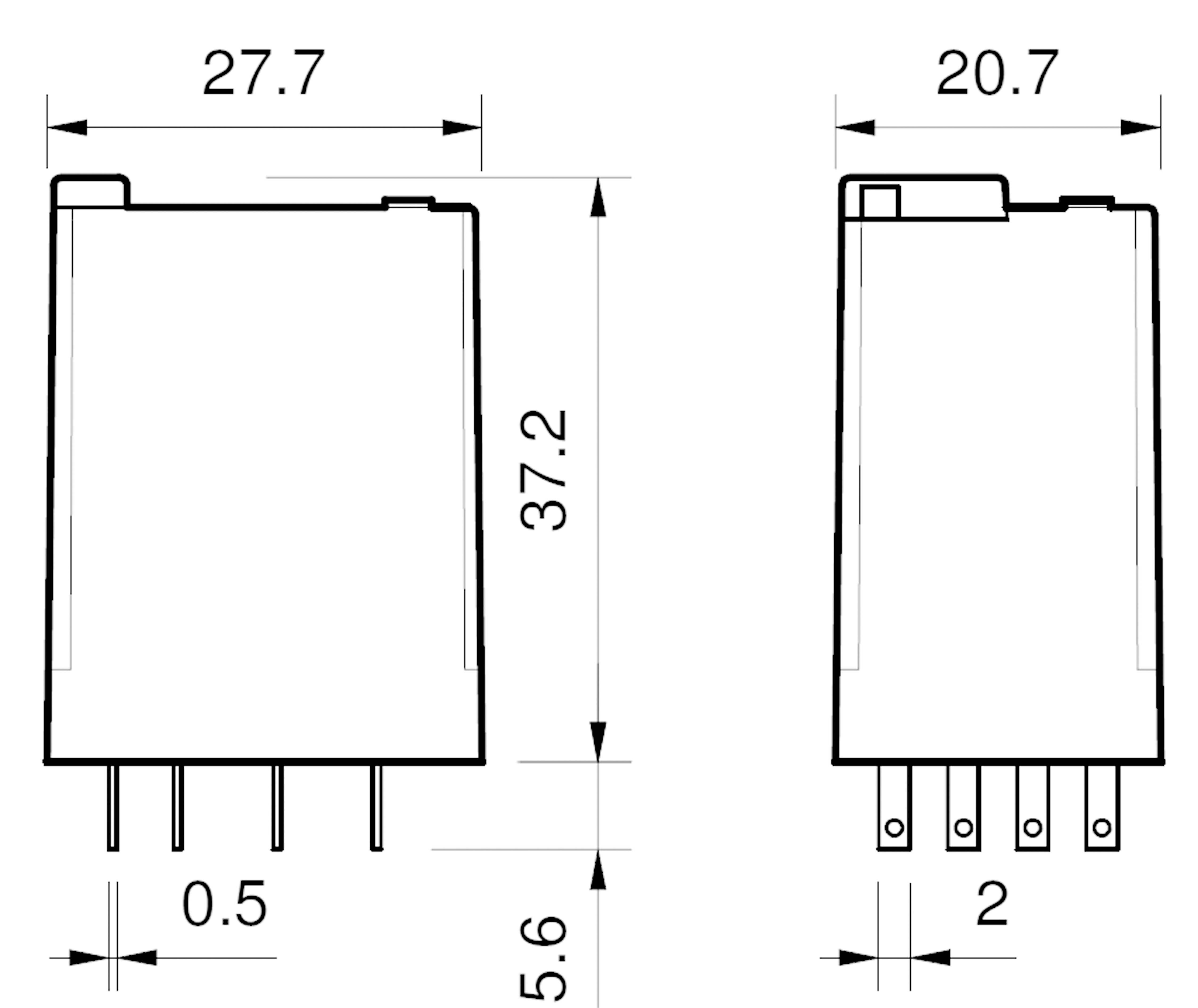 Egy elektronikai alkatrész műszaki rajza, méretei: magasság 37,2 mm, szélesség 27,7 mm és mélység 20,7 mm.