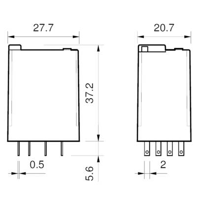 Egy elektronikai alkatrész műszaki rajza, méretei: magasság 37,2 mm, szélesség 27,7 mm és mélység 20,7 mm.