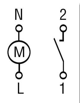 A diagram mutat egy elektromótort (M) N és L csatlakozókkal. Mellette jobbra egy kapcsoló látható 1 és 2 érintkezőkkel.