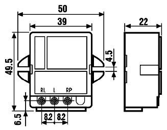 Műszaki rajz egy elektromos komponensről méretekkel: szélesség 50 mm, magasság 49,5 mm, mélység 22 mm. Csatlakozókat mutat RL, L és RP jelöléssel.