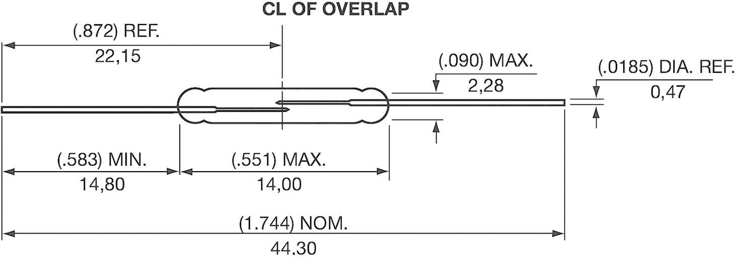 Műszaki rajz egy csőalkatrészről méretekkel milliméterben: hosszúság 44,30 mm, szélesség 2,28 mm, részletes előírások az átfedésre és átmérőre vonatkozóan.