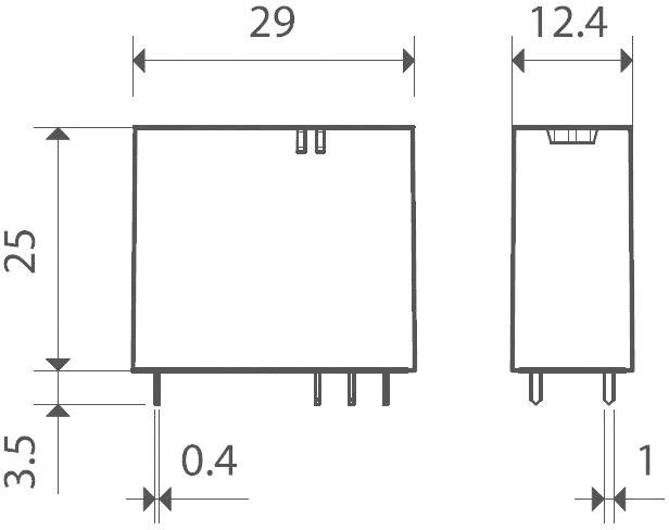 Műszaki rajz egy téglalap alakú elektronikai alkatrészről a következő méretekkel: szélesség 29 mm, magasság 25 mm, mélység 12,4 mm.