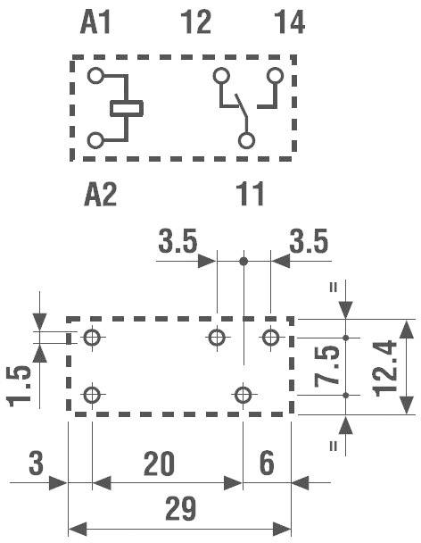 Egy relé elektromos kapcsolási rajza A1, A2, 11, 12 és 14 csatlakozási jelölésekkel. Mechanikai méretezés milliméteres léptékben ábrázolva.