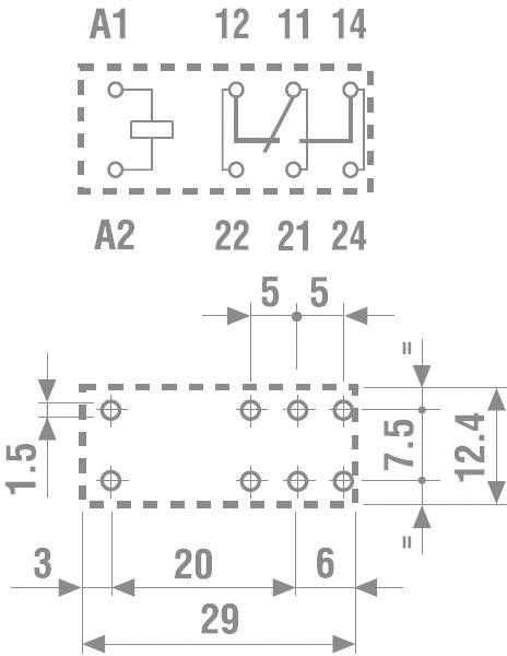 Elektromos relé kapcsolási rajzjele méretekkel milliméterben. Áramköröket és csatlakozókat mutat: A1, A2, 11, 12, 14, 21, 22, 24.