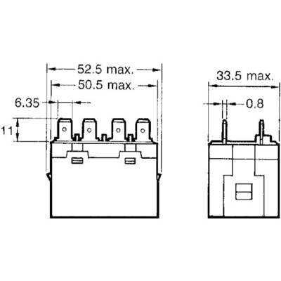 Műszaki rajz egy elektromos alkatrészről méretekkel: Szélesség 52,5 mm, Magasság 33,5 mm, Mélység 6,35 mm.