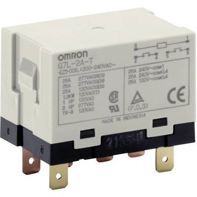 Omron elektromos relé 'G7L-2A-T' típusjelöléssel, 120-240VAC feszültségtartományra alkalmas, Indonéziában gyártva.