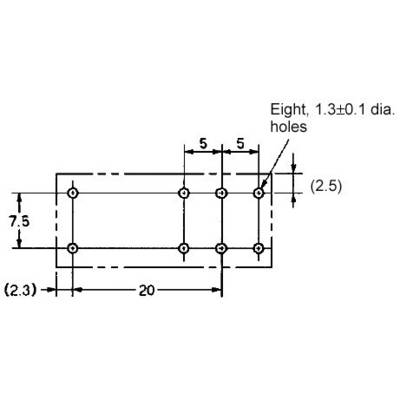 Műszaki rajz egy téglalap alakú elemről méretekkel. Nyolc lyuk 1,3±0,1 mm átmérővel. Méretek: 20x7,5 mm, lyukak közötti távolság: 5 mm.
