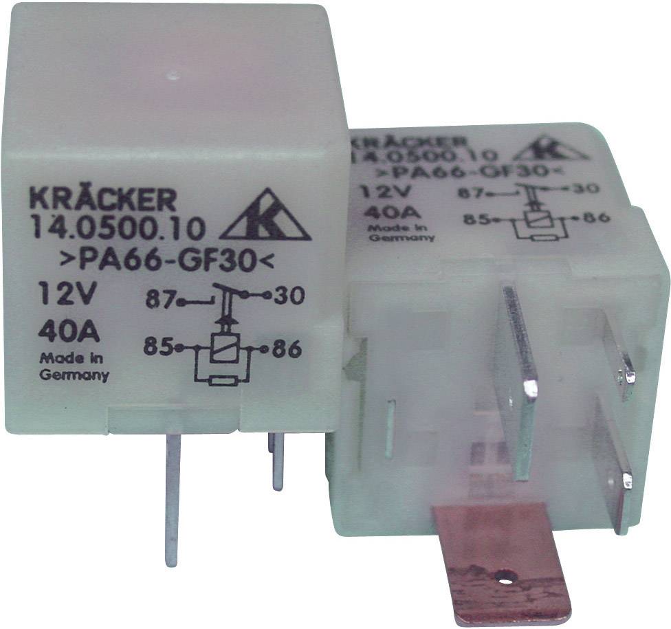 Két fehér elektromos relé "Kracker" felirattal. 12V-osak, 40A-esek, a kapcsolási körök csatlakozóinak jelölésével ellátva.