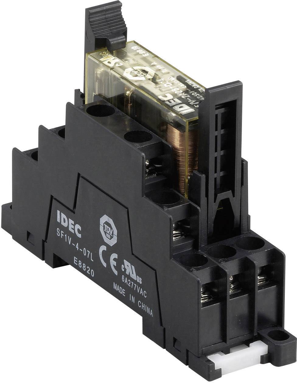 Egy IDEC gyártmányú SF1V-4-07L típusú elektromos relé, fekete színben, átlátszó házrésszel, mutatja a kapcsolóérintkezőket és csatlakozó kapcsokat.