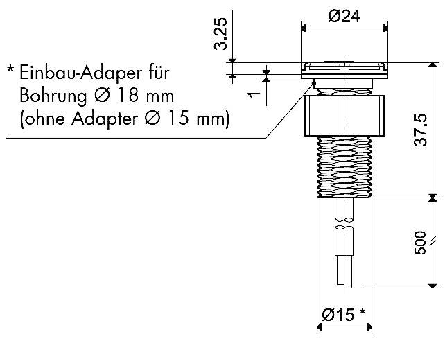 Műszaki rajz egy beépíthető kapcsolóról méretekkel: magasság 37,5 mm, szélesség 24 mm. Megjegyzés: adapter a Ø 18 mm-es furathoz.
