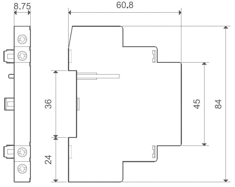 Műszaki rajz egy elektromos alkatrészről méretekkel: szélesség 60,8 mm, magasság 84 mm, mélység 8,75 mm és egyéb részletek milliméterben.