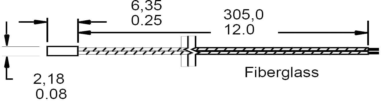 Műszaki rajz egy üvegszál rúdról. A hosszúság 305,0 mm, az átmérő 6,35 mm. Kiegészítő méretek: 2,18 mm és 12,0 mm.