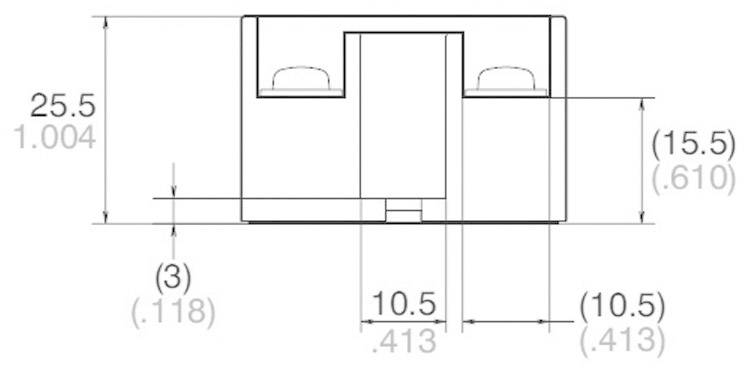 Műszaki rajz egy négyszög alakú alkatrészről méretekkel: szélesség 25,5 mm, magasság 15,5 mm, mélység 10,5 mm. Méretadatok milliméterben és hüvelykben.