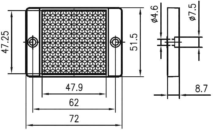 Műszaki rajz egy téglalap alakú tartóról a következő méretekkel: szélesség 72 mm, magasság 51,5 mm, mélység 8,7 mm. Különböző átmérők feltüntetve.