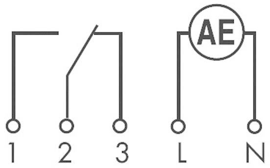 Kapcsolási rajz három baloldali érintkezővel, 1-3 pozícióhoz csatlakoztathatóan, és két jobboldali érintkezővel, 'L' és 'N' jelöléssel, illetve 'AE' jelzéssel körben.
