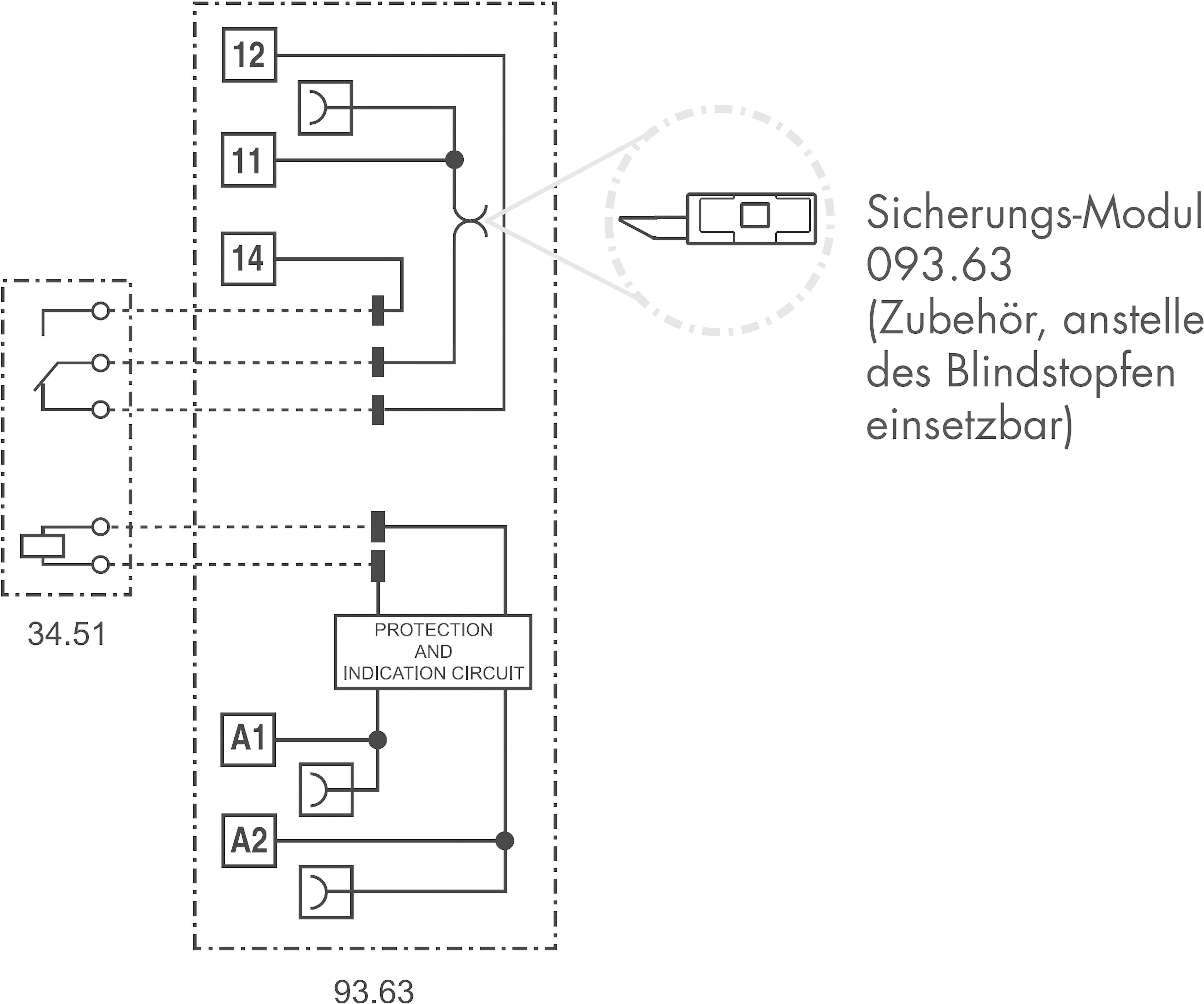 A diagram bemutatja a 093.63 védelmi és jelzőmodult, amely védelmi és kijelző kapcsolóval rendelkezik, és helyettesíti a vakdugasz tartozékot.