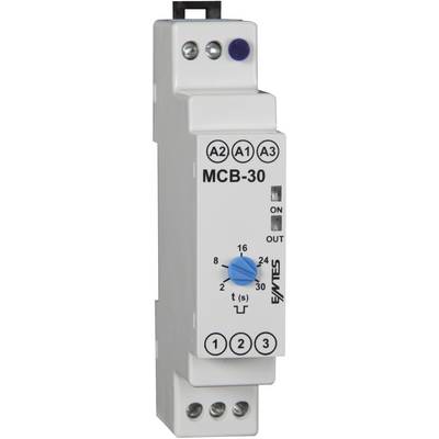 Egy fehér elektromos alkatrész 'MCB-30' felirattal, kék időzítő beállítógombbal, 'BE' és 'KI' kapcsolópozíciókkal.