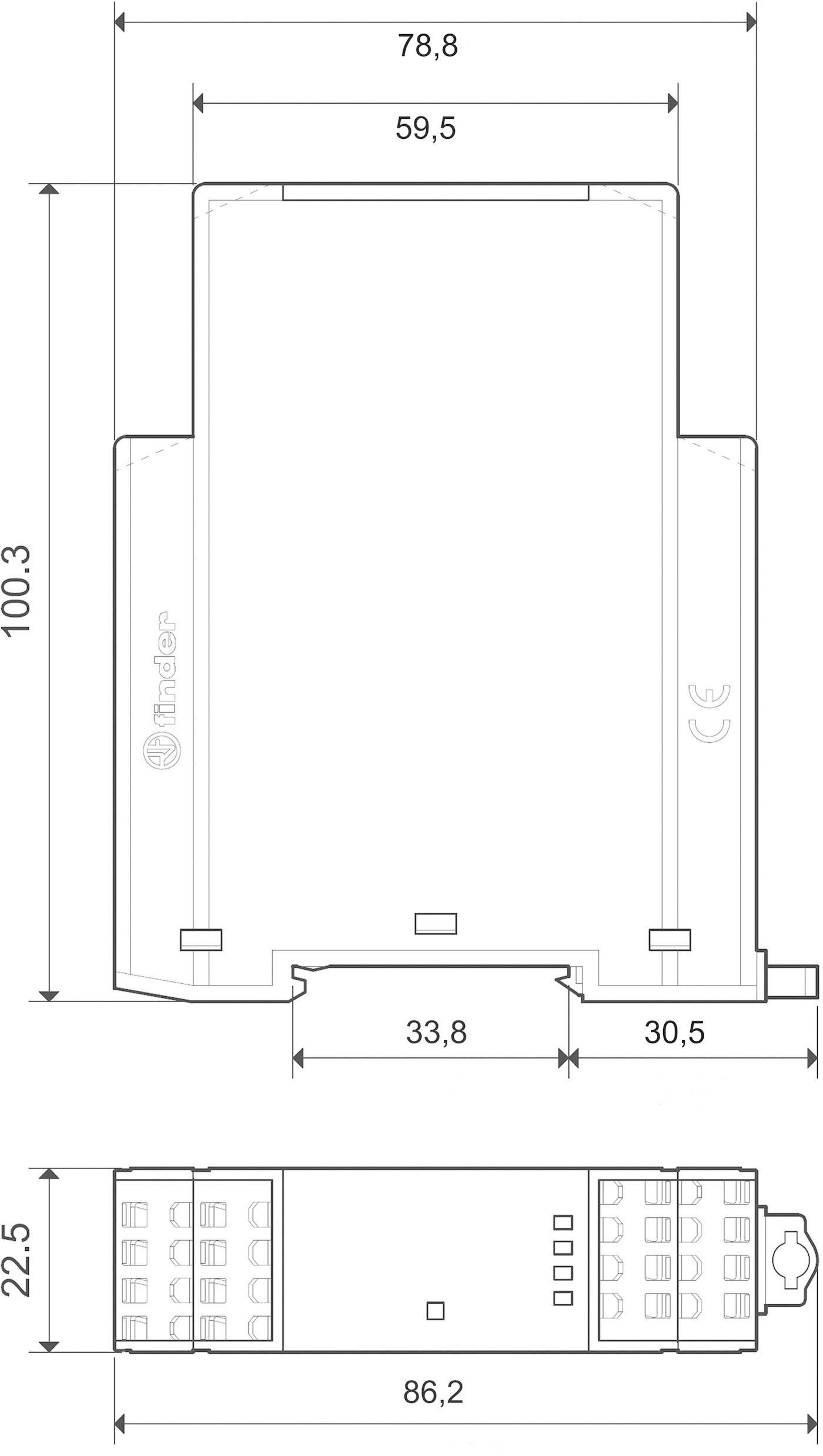 Műszaki rajz egy elektronikus eszközről méretekkel: magasság 100,3 mm, szélesség 86,2 mm. Elő- és oldalnézetet mutat méretjelöléssel.