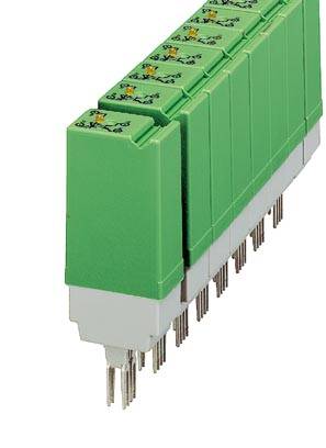 Zöld, moduláris elektronikai alkatrészek csatlakozótüskékkel, szerelősínekkel kompatibilisen, perspektivikus sorba rendezve.